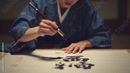 Skilled Hands Practicing Japanese Calligraphy: Woman in Traditional Attire Creating Art with Ink Brush and Characters