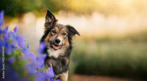 Mixed Breed Tricolor Dog in Blooming Garden at Sunset. A tricolor mixed breed dog sits beside purple flowers in a sunlit garden at sunset.