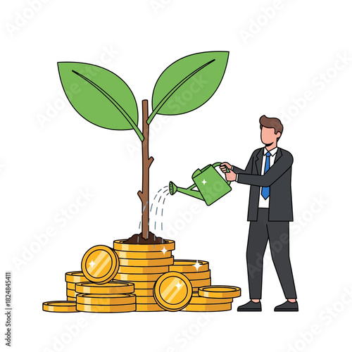 Businessman waters a thriving seedling growing from a pile of gold coins, symbolizing strategic investment and long-term financial growth in a flat 2D vector style.
