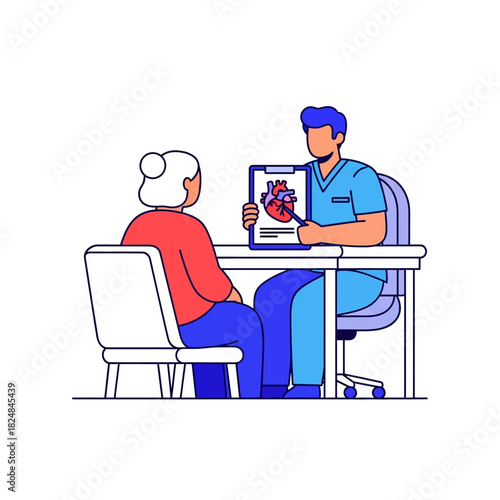 A friendly doctor in scrubs explains a simplified heart diagram on a clipboard to an elderly patient across a desk in this bright clinic office 2D flat vector illustration.