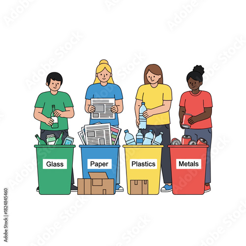Diverse individuals collaborate to sort plastic, paper, and glass waste into color-coded recycling bins, illustrating environmental responsibility in a 2D flat vector style.