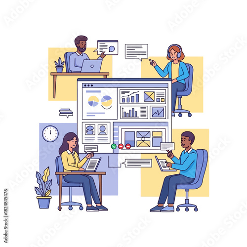Three diverse colleagues collaborate virtually using a shared screen during a video conference from separate home offices, a 2D flat vector illustration demonstrating remote teamwork success.