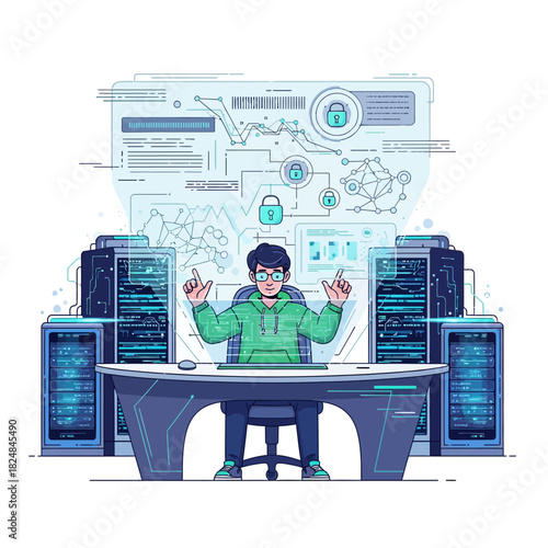 A programmer is sitting at a large curved desk interacting with a futuristic holographic interface displaying complex data streams and security lock icons in this vibrant 2D flat vector illustration.
