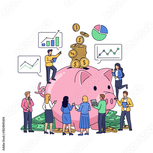 Diverse employees collaborate on savings and financial growth around a large overflowing piggy bank, depicted in a clean outline 2D flat vector illustration style.