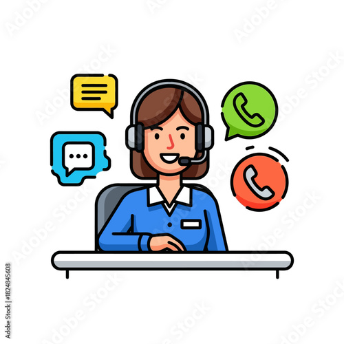 A friendly female customer service representative wearing a headset sits at a help desk, surrounded by abstract communication symbols in this vibrant 2D flat vector illustration.