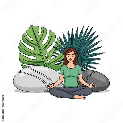 This vibrant 2D vector illustration depicts a peaceful woman meditating in the lotus position, surrounded by oversized leaves and stones to symbolize mental peace and mindful balance.