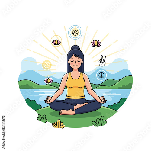 Flat 2D vector illustration shows a woman meditating in a relaxing yoga pose on a peaceful hilltop overlooking a vibrant stylized landscape under a soft sun.