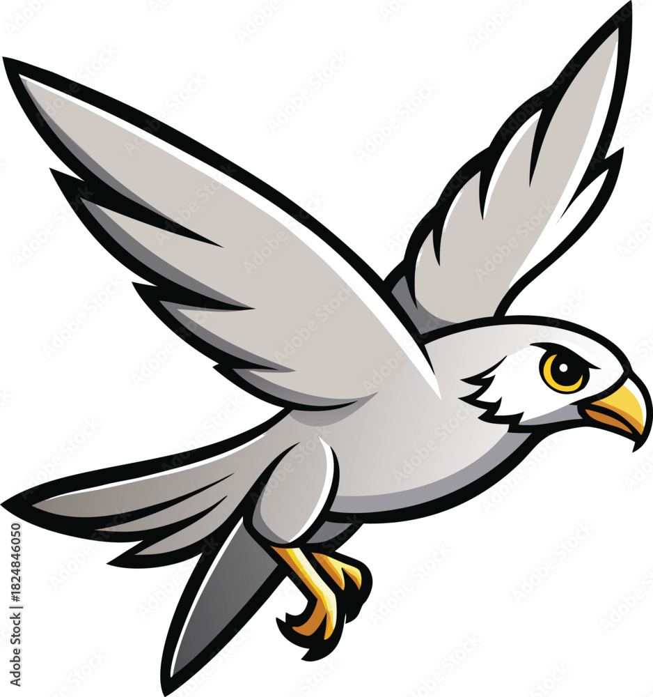 Obraz premium Gray falcon bird vector graphic dynamic flight pose animal wildlife vector illustration EPS file download. 