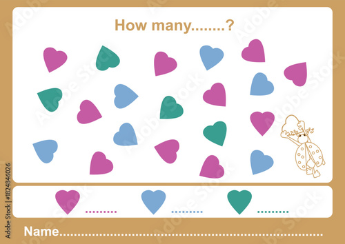 How many. Counting educational games kids, kids activity sheet. How many task objects. Learning math, numbers, addition themes, stock vector illustration