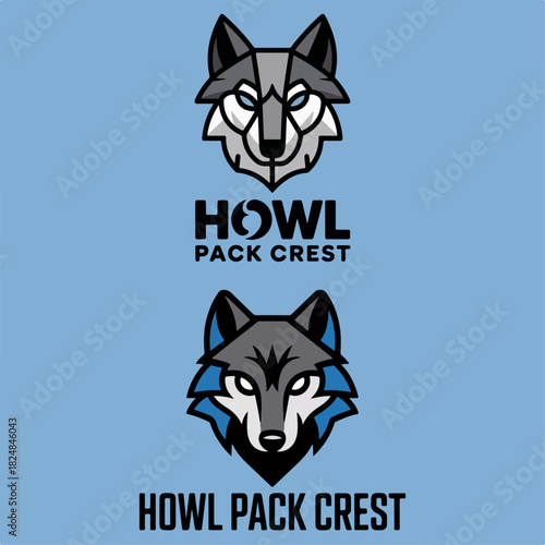 Howl Pack Crest twin wolf head marks, alpha canine mascots in monochrome and blue, modern esports logo set vector for branding, squads, merchandise