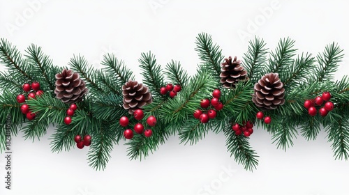 Festive Christmas Garland with Evergreen Branches and Red Berries on Transparent Background