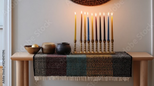 Hanukkah celebration with menorah candles and traditional decor on wooden table