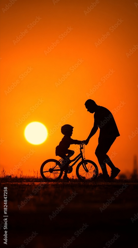 Obraz premium A beautiful silhouette of a parent guiding a child on a bicycle as the sun sets, symbolizing love, growth, and the joy of outdoor activities during golden hour.