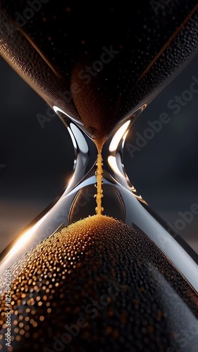 Golden sand flowing inside a cinematic glass hourglass macro loop against a dark background, symbolizing time management and deadline concepts.