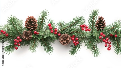 Festive Christmas Garland with Evergreen Branches and Red Berries on Transparent Background