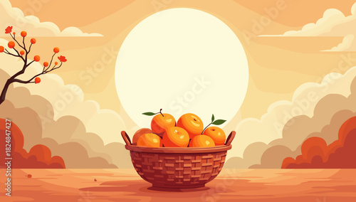 Mandarin oranges in basket under large sun mandarin orange basket lunar new year