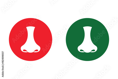 Two circular icons featuring a white silhouette of a nose against a red background and a green background, representing contrasting olfactory experiences or senses of smell.