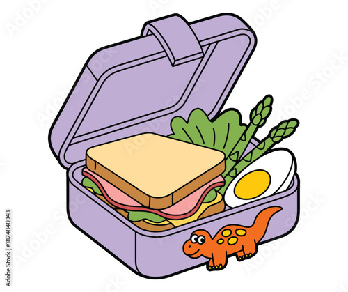 A purple lunchbox is open, revealing a sandwich, lettuce, asparagus, a hard-boiled egg, and a small toy dinosaur.