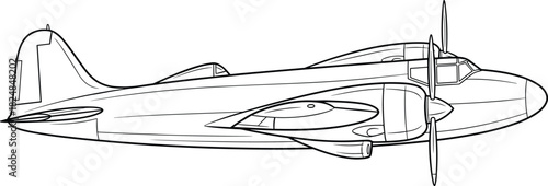 Vintage Twin-Engine Propeller Airplane Line Art, Classic Aircraft Outline Vector Drawing for History, Travel, or Aviation