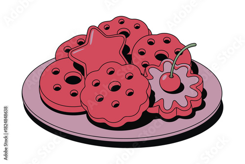 A plate of assorted red cookies in various shapes, including stars, flowers, and round cookies with holes, sits on a light purple plate against a white background.