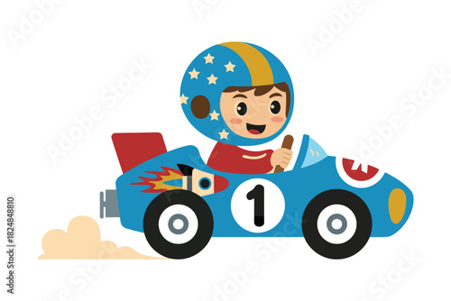 A cheerful cartoon child wearing a racing helmet drives a blue race car adorned with a rocket graphic and the number one.