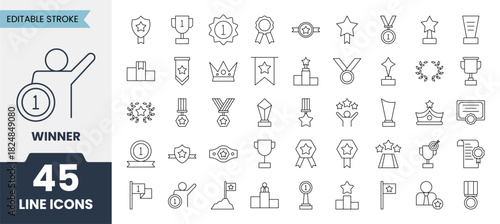 Winner line icons set with editable stroke. Containing win, victory, best, champion, reward, challenging, podium and more. Vector illustratio