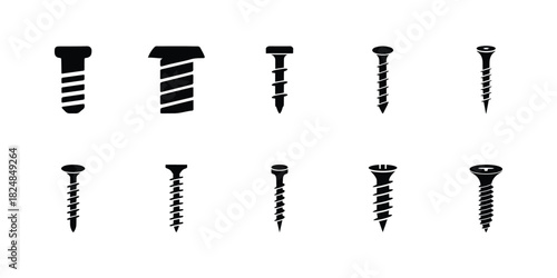Various screw head and thread type icon silhouette