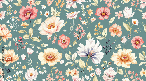 Pattern of bright abstract wildflowers on a white background. Motley backdrop for textiles, fabrics, clothes, jacket, souvenirs or wrapper. Illustration.