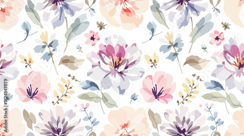 Seamless pattern with romantic flowers in pastel colors.
