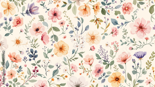 Watercolor spring seamless pattern. Tulip  flowers, leaves and colorful eggs.  Great for fabrics, wrapping papers, covers. Easter design. White background.