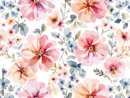 Bright summer floral seamless pattern hand painted with watercolor. Abstract seasonal lpink, orange, yellow flowers. Repeated print for textile, fabric, wearing, wallpaper. Girls printable design
