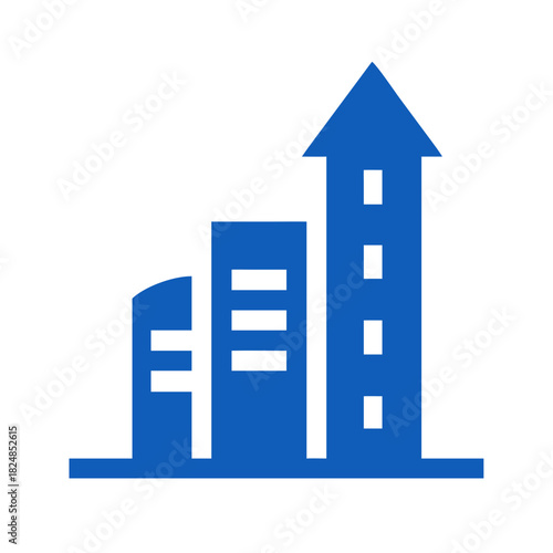 Blue city skyline featuring buildings of varying heights with a taller arrow shaped building