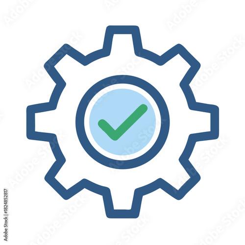Gear icon with check mark inside a circle indicating process completion and validation symbol design