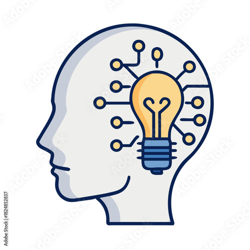 Illustration of a head profile with a light bulb and circuit board inside representing ideas