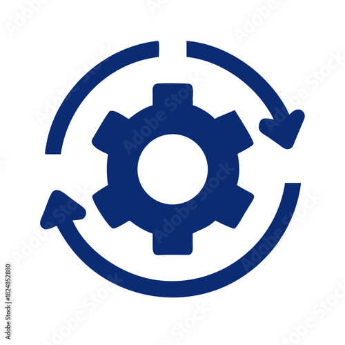 Dark blue gear encircled by arrows indicating clockwise rotation on a white background in a vector image