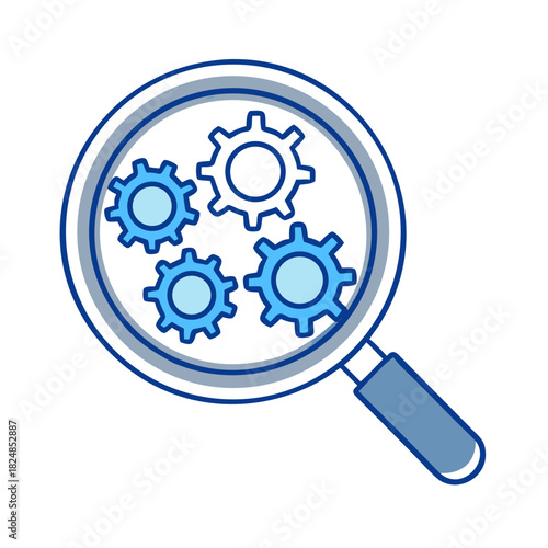 Magnifying glass focusing on blue gear icons representing process and system optimization and development