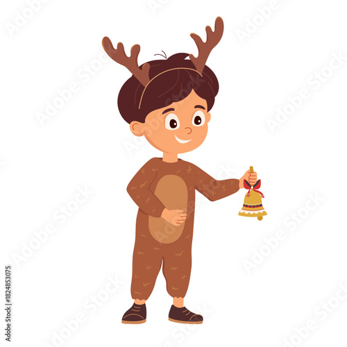 Cute cartoon boy in reindeer costume holding Christmas bell. Festive character for kids winter greeting cards, holiday flyer, posters and cheerful kids design project Flat vector illustration isolated