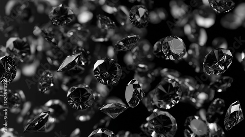 Abstract luxury background featuring a shower of falling black diamonds with a shallow depth of field, creating a dramatic and expensive jewelry concept.