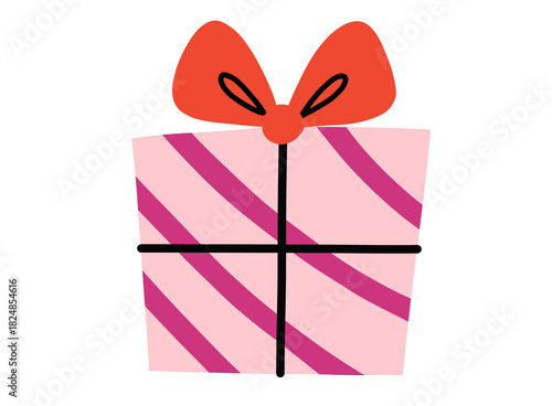 Pink Christmas Present with Magenta Stripes and Red Bow – Festive Holiday Art