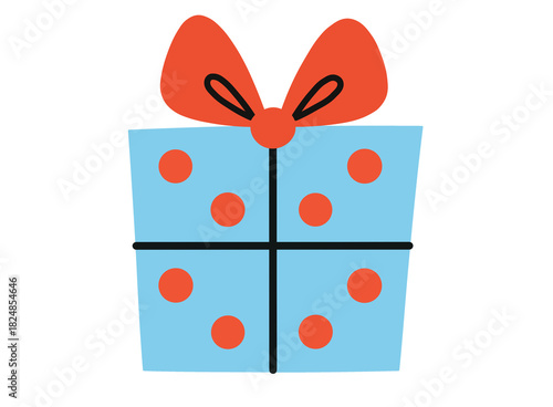 Blue Christmas Present with Large Orange Polka Dots and Decorative Bow – Holiday Illustration