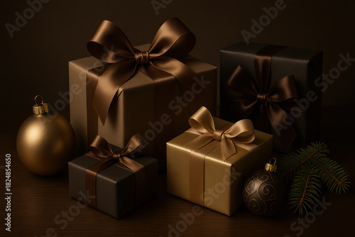 Luxurious Christmas gifts wrapped in elegant brown and gold paper with satin ribbons, accompanied by decorative baubles and pine branch, creating warm festive atmosphere