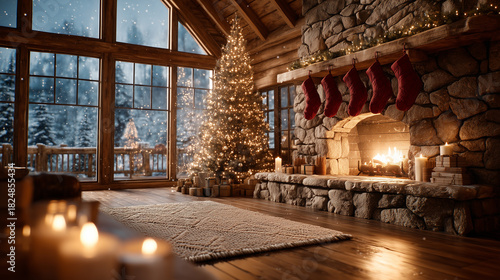 Cozy rustic living room interior in a winter log cabin with a burning stone fireplace, hanging red stockings, and a beautiful illuminated Christmas tree near large windows overlooking a snowy forest