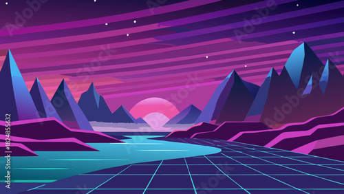 Fantastic Frontiers: Dreamlike twilight valley with neon mountains and aurora