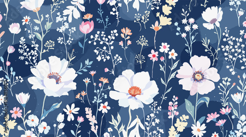 Floral pattern of colorful delicate wildflowers in rustic style, seamless watercolor illustration on ivory background summer floral field for textile, wallpapers or nature background.