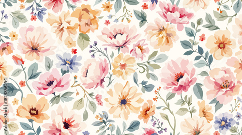 a floral pattern with many different flowers on a white background; with a blue and orange flower on the bottom, arts and crafts movement, a digital rendering