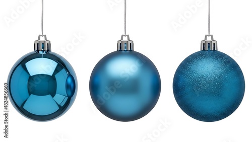 Three distinct blue christmas ornaments, showcasing glossy, matte, and glitter textures, perfect for holiday decorations, festive celebrations, and winter themes, isolated on white background