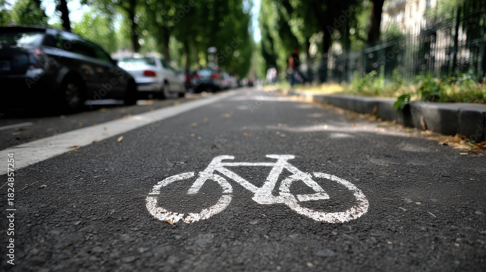 Obraz premium White bicycle road sign painted on the asphalt of a shaded, tree-lined city street