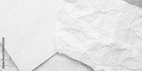Noisy gritty dark surface with sheets of crumpled grid paper. Dusty dotted halftone texture, retro grunge banner with broken notebook page traces.