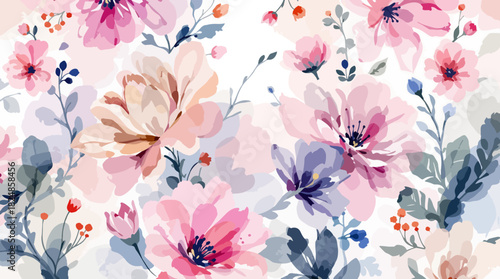 Seamless vintage floral pattern vector illustration with pink spring flowers, leaves, and blossom ornament texture for fabric textile design backdrop