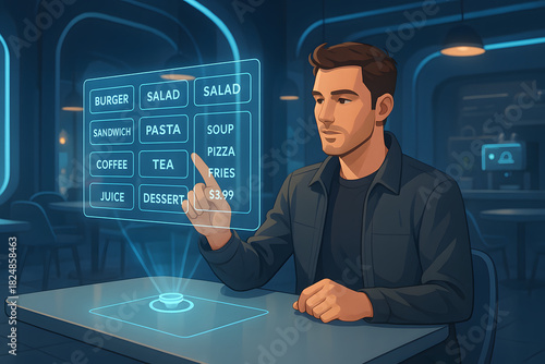Ordering food from a futuristic holographic menu